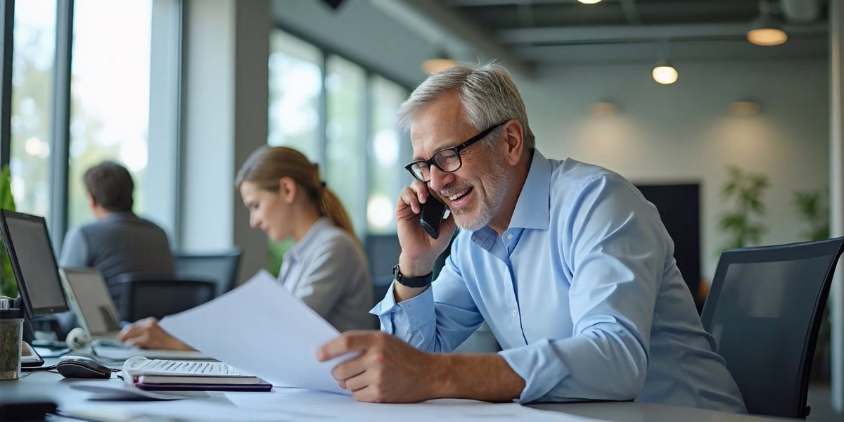 Business owner reviewing 401(k) plan on the phone in a modern office Investment advisor smiling while reviewing 401(k) plan on the phone in a modern office