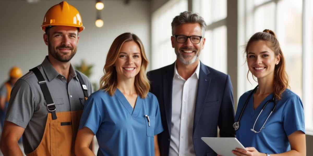 diverse-business-owners-group-review-smiling.jpg A group of business owners including an electrician, nurse, and office worker standing together after a successful 401(k) plan review