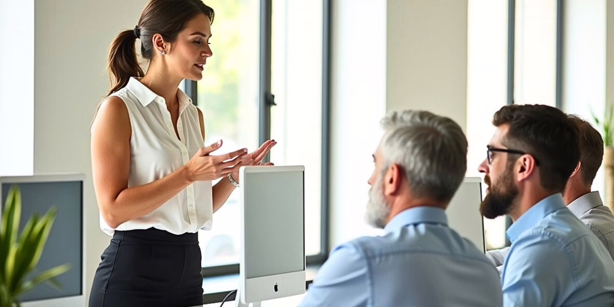 Team reviewing advanced 401(k) plan design strategies in a collaborative meeting Investment advisor presenting advanced 401(k) design options to business team in a modern office setting