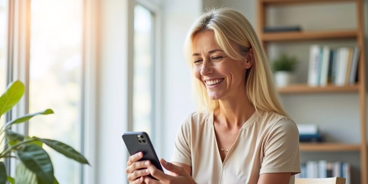 employee-retirement-education-mobile-engagement Blonde woman in beige dress checking retirement 401(k) plan on iPhone in bright modern office
