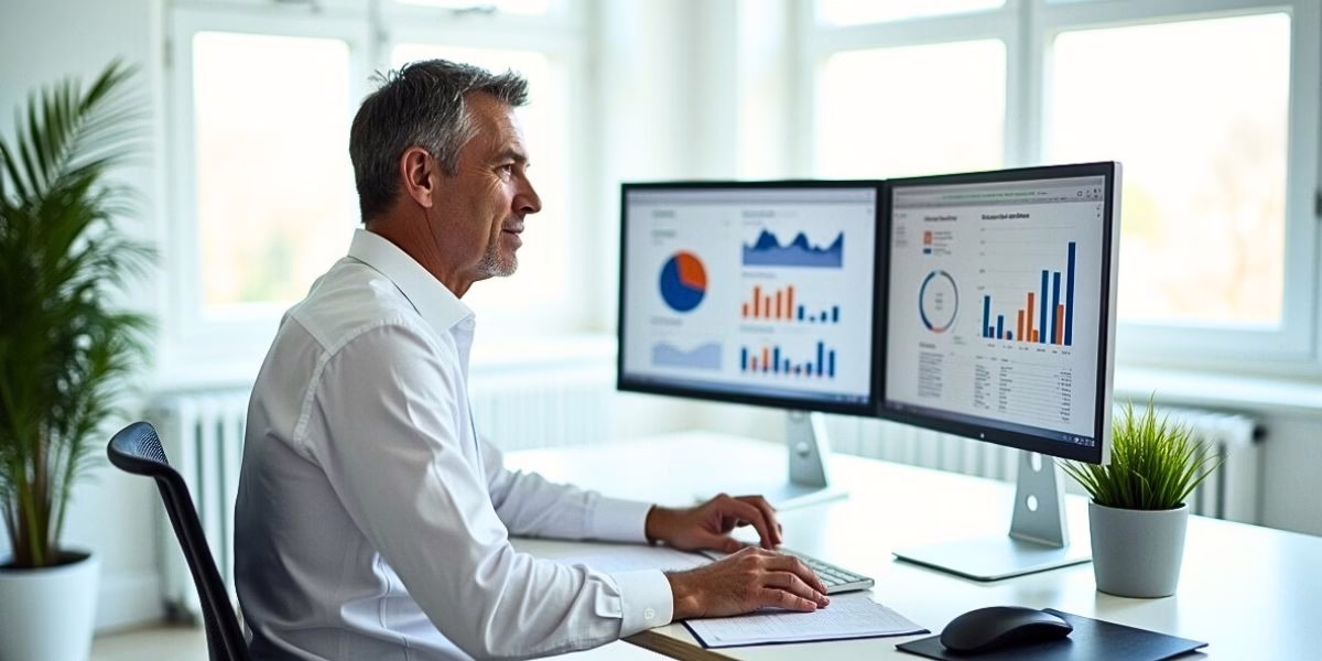 Fully Managed 401(k) Retirement Plan Oversight Business professional reviewing 401(k) plan dashboards with participant data, investment charts, and compliance indicators