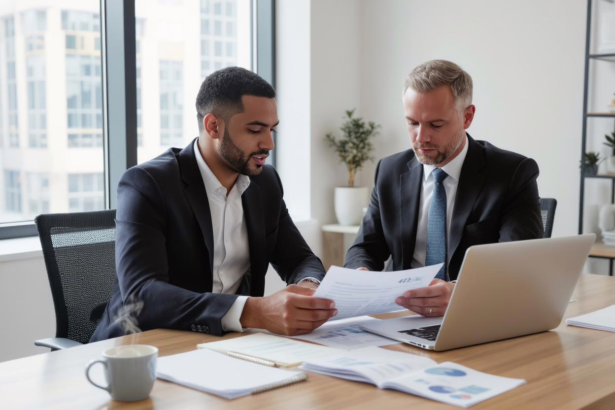 Business owner and financial advisor discussing 401(k) retirement plan documents in a modern office with coffee and charts on the table