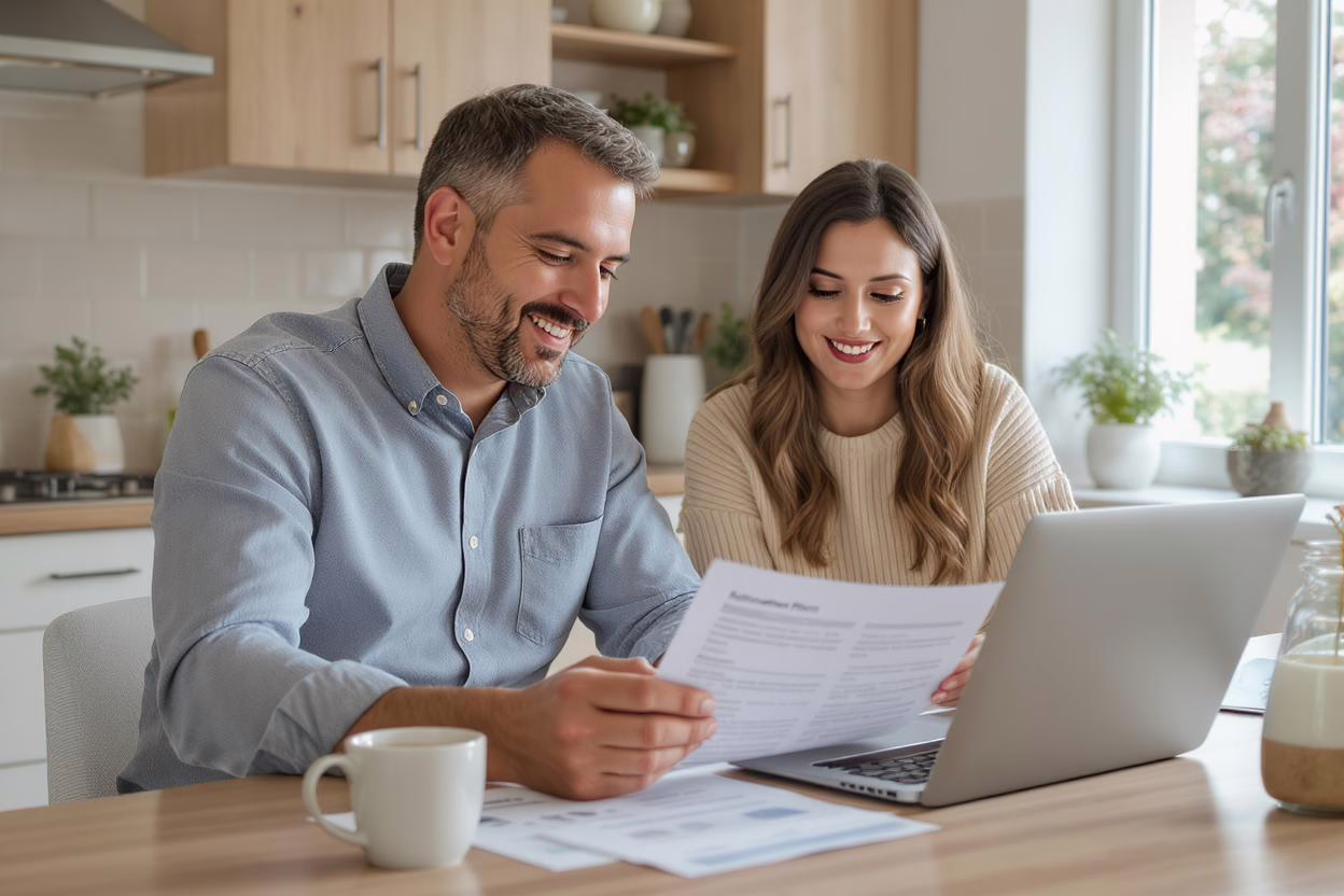 Small business owners reviewing 401(k) plan paperwork in their office, smiling