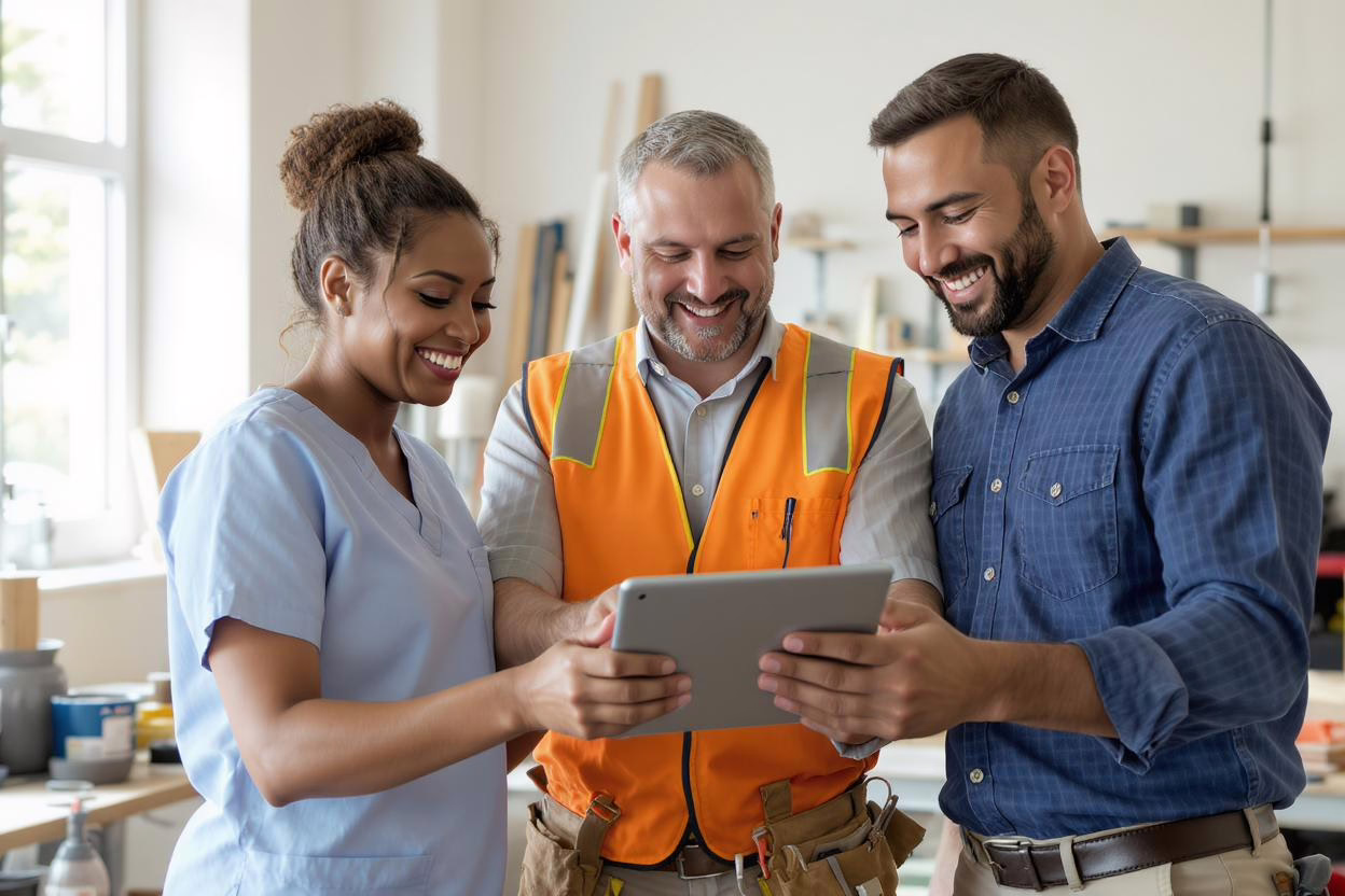 A group of business owners including an electrician, nurse, and office worker standing together after a successful 401(k) plan review